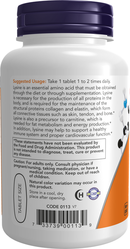 NOW Supplements, L-Lysine 1,000 mg, Double Strength, Amino Acid, 100 Tabs