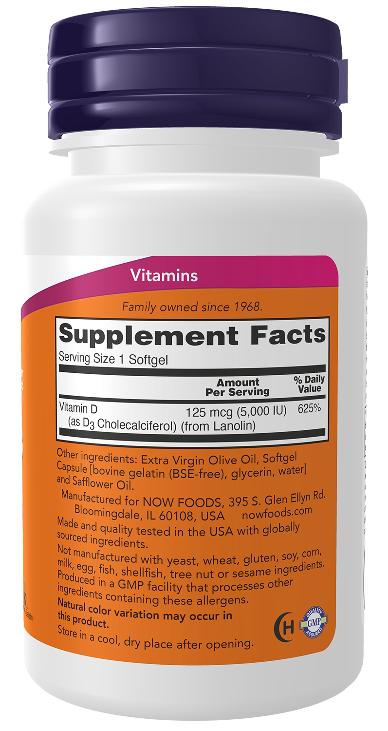 NOW Supplements, Vitamin D-3 5,000 IU, Structural Support*, 240 Softgels