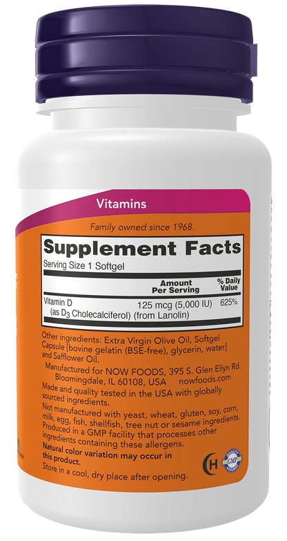 NOW Supplements, Vitamin D-3 5,000 IU, Structural Support*, 240 Softgels