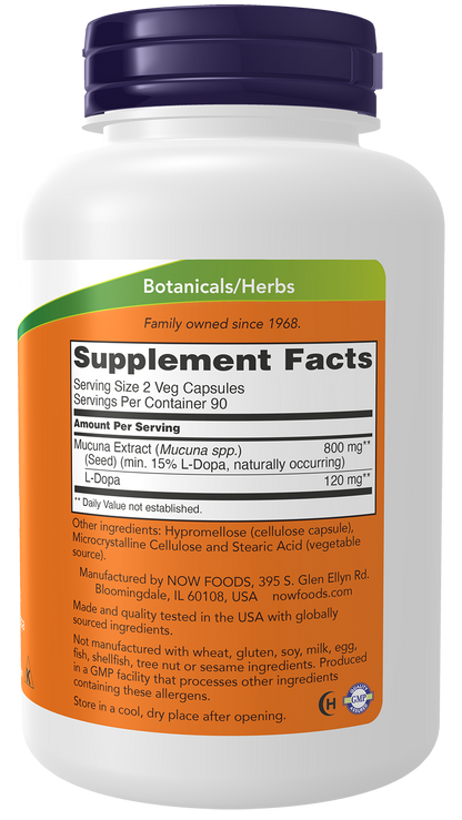 NOW Supplements, DOPA Mucuna, Standardized Mucuna Extract, 180 Veg Caps