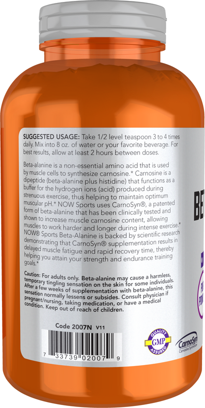 NOW Sports, Beta-Alanine Pure Powder 2,000 mg, Muscular Endurance*, 500 g