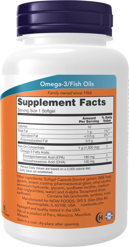 NOW Supplements, Omega-3 180 EPA / 120 DHA, Enteric Coated, 90 Softgels