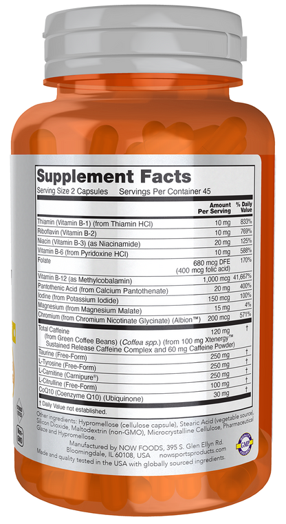 NOW Sports, Sustained Energy, Sustained Release Caffeine, 90 Veg Caps