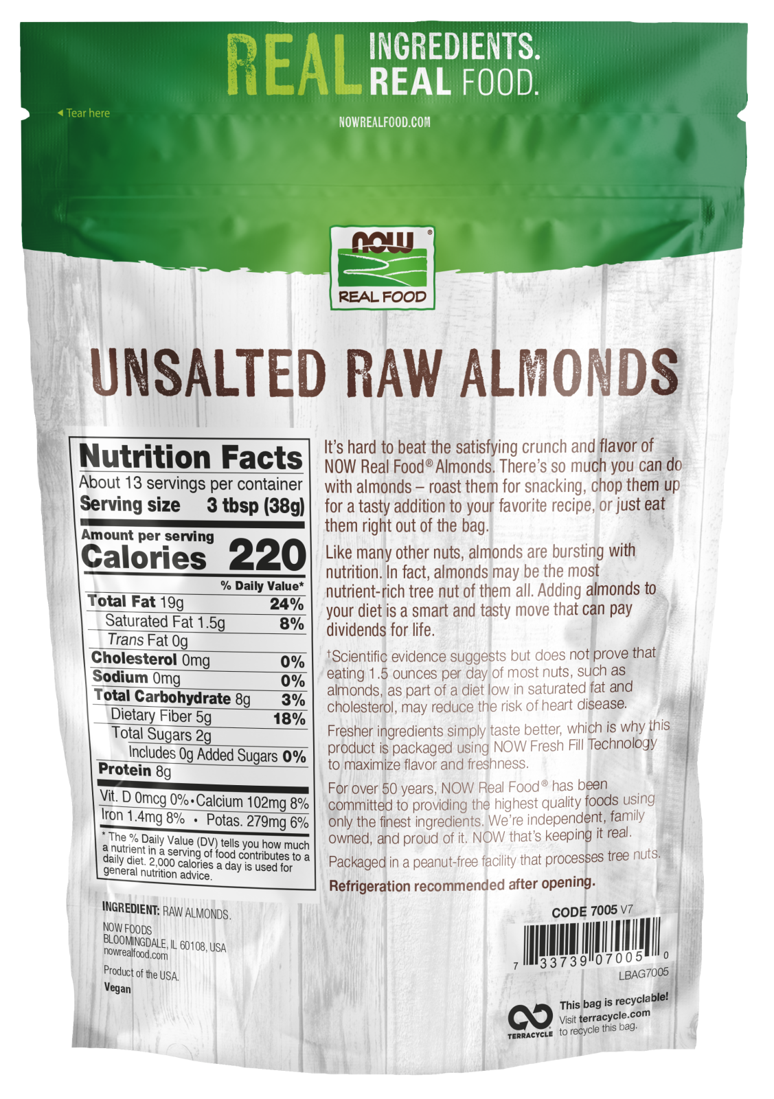 NOW Foods, Almonds, Raw and Unsalted, Protein & Fiber, 16 oz