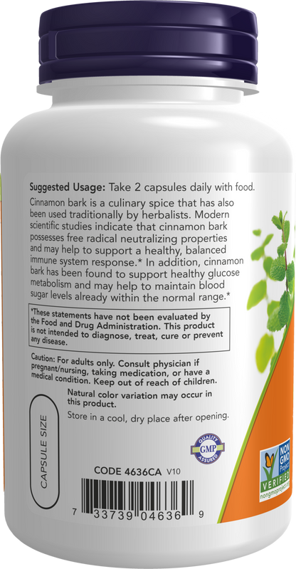 NOW Supplements, Cinnamon Bark 600 mg, 120 Veg Caps