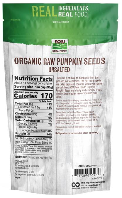 NOW Foods, Organic Pumpkin Seeds, Raw & Unsalted, Source of Iron, 12 oz