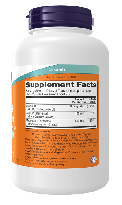 NOW Supplements, Calcium & Magnesium Citrate and D-3, Powder, 8 oz