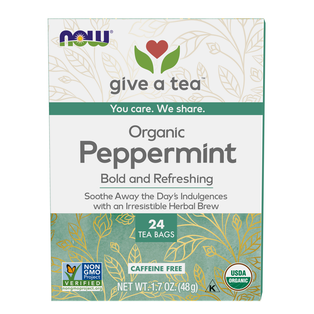 NOW Foods, Give a Tea® , Organic Peppermint Tea, Caffeine-Free, 24 bags