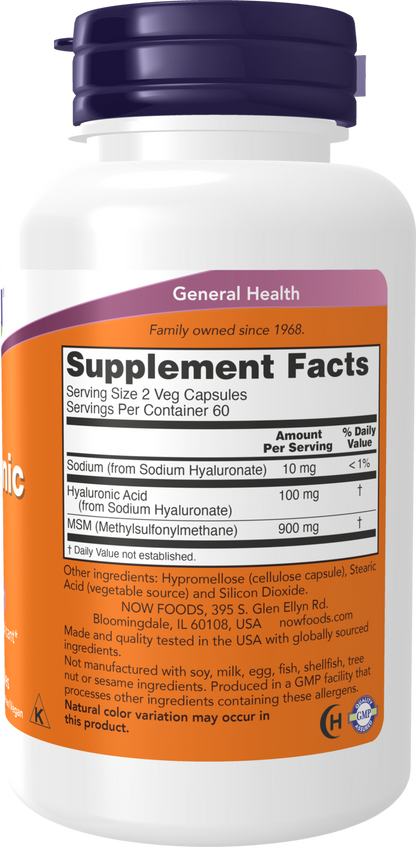 NOW Supplements, Hyaluronic Acid 50 mg, MSM, Joint Support*, 120 Veg Caps