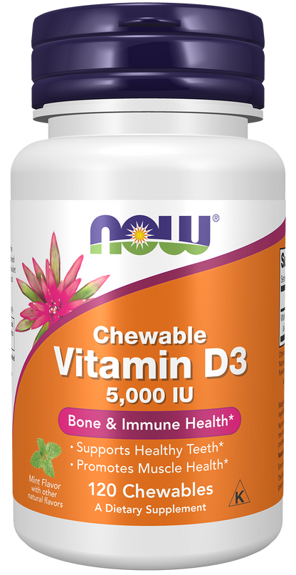 NOW Supplements, Vitamin D-3 5,000 IU, Mint Flavor, 120 Chewables