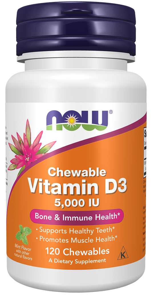 NOW Supplements, Vitamin D-3 5,000 IU, Mint Flavor, 120 Chewables