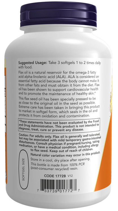 NOW Supplements, Flax Oil 1,000 mg, Cardiovascular Support*, 250 Softgels