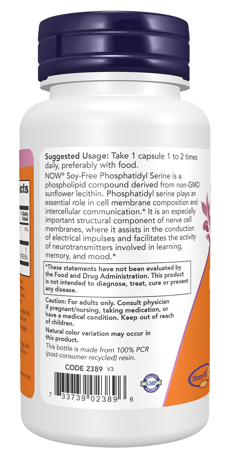 NOW Supplements, Soy-Free Phosphatidyl Serine (150mg), 60 Veg Caps