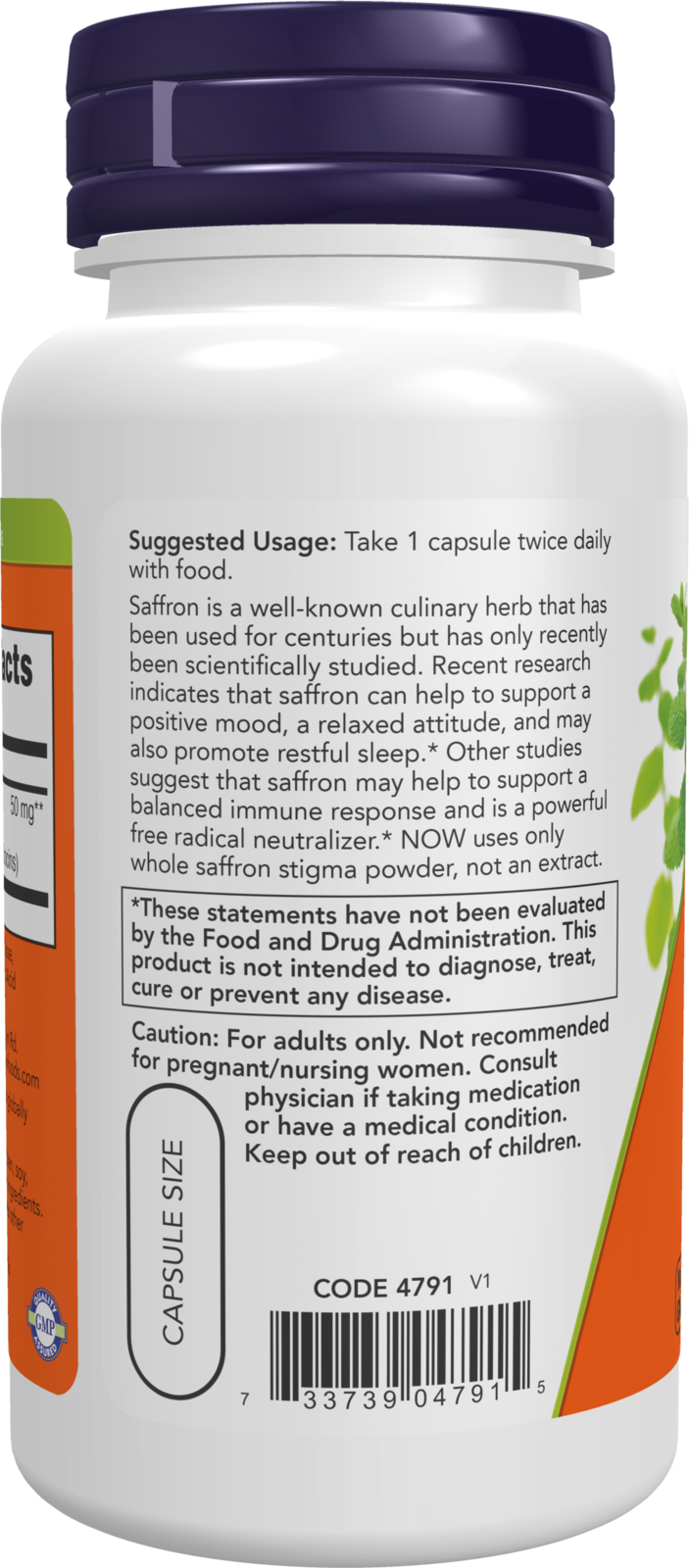 NOW Supplements, Saffron Whole Herb 50 mg with 10% Crocins, 60 Veg Capsules
