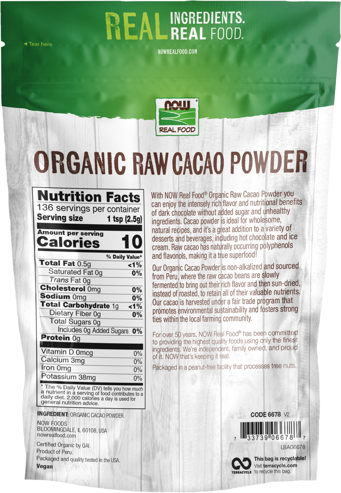 NOW Foods, Organic Raw Cacao Powder, with Polyphenols and Flavonols, 12 oz