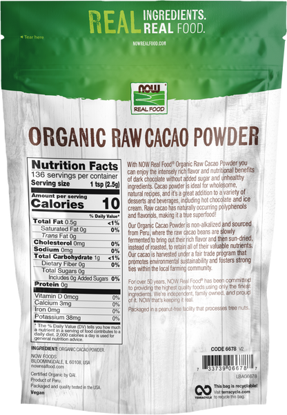 NOW Foods, Organic Raw Cacao Powder, with Polyphenols and Flavonols, 12 oz