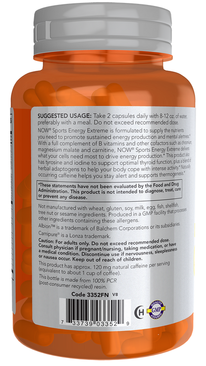 NOW Sports, Energy Extreme, Natural Caffeine and B Vitamins, 90 Veg Caps