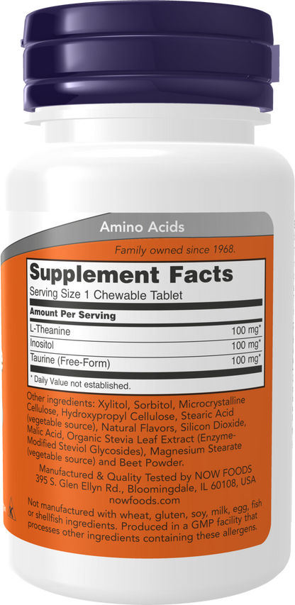 NOW Supplements, L-Theanine 100 mg with Inositol and Taurine, 90 Chewables