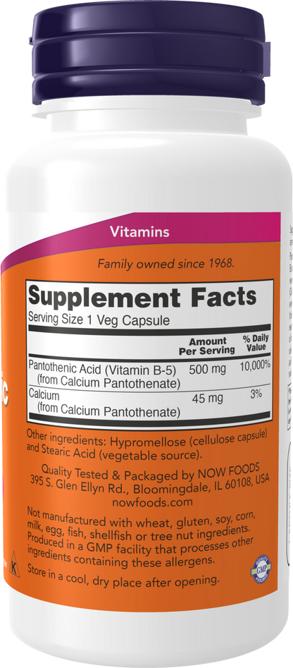 NOW Supplements, Pantothenic Acid 500 mg, B-Complex Vitamin, 100 Caps