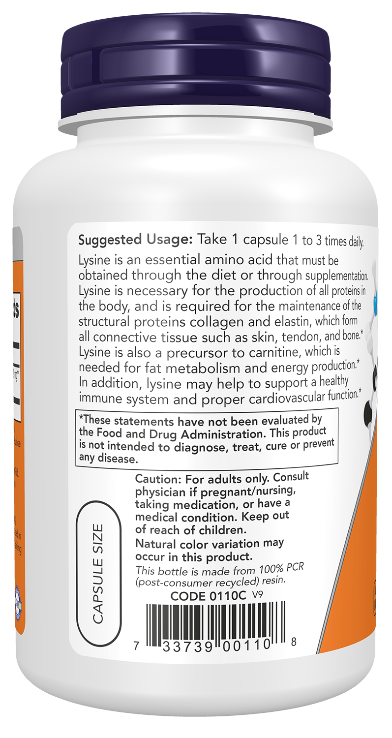 NOW Supplements, L-Lysine 500 mg, Amino Acid, 100 Veg Caps