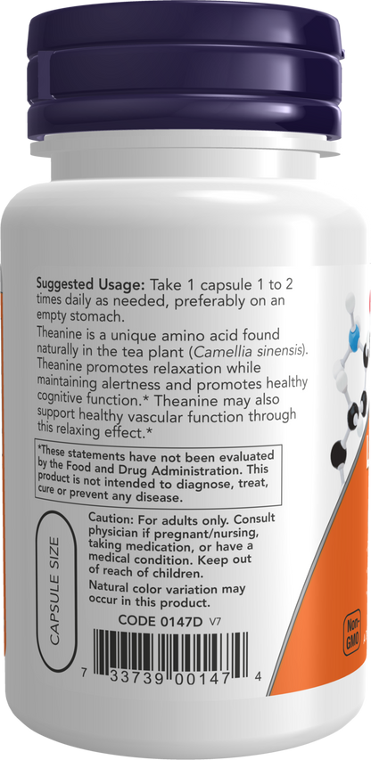 NOW Supplements, L-Theanine 200 mg with Inositol, 60 Veg Caps