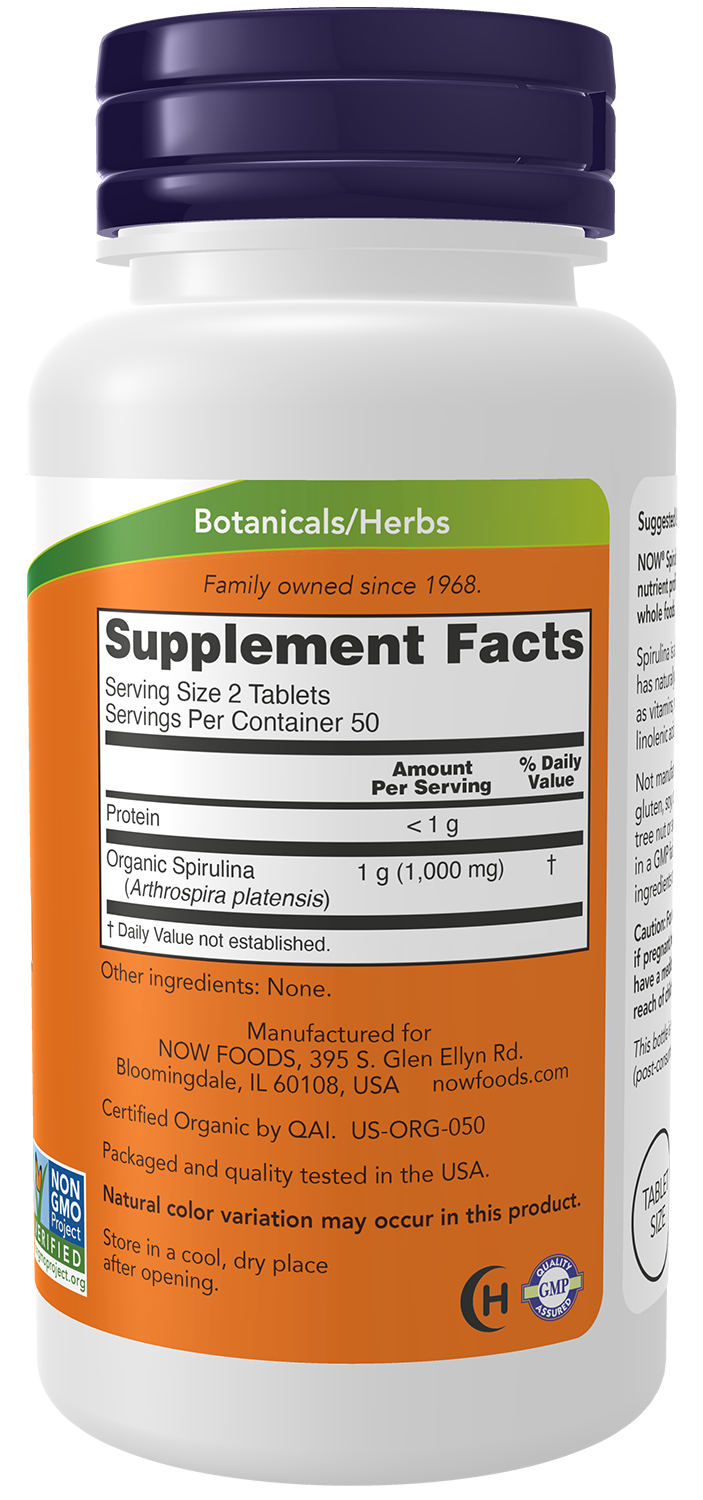 NOW Supplements, Organic Spirulina 500 mg, 100 Tabs
