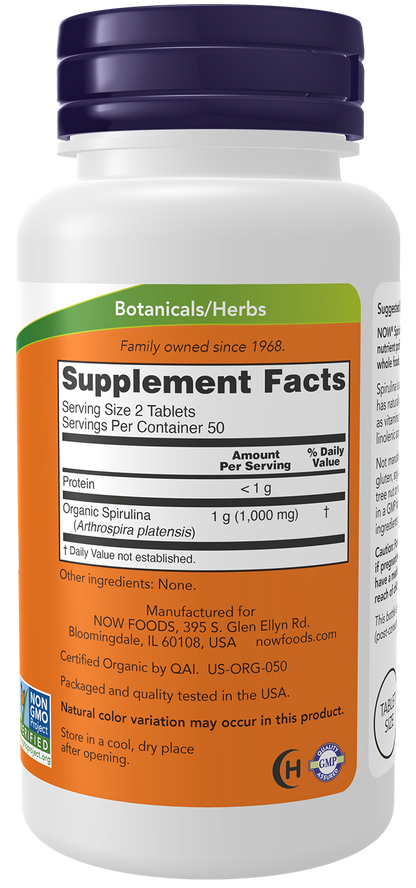 NOW Supplements, Organic Spirulina 500 mg, 100 Tabs
