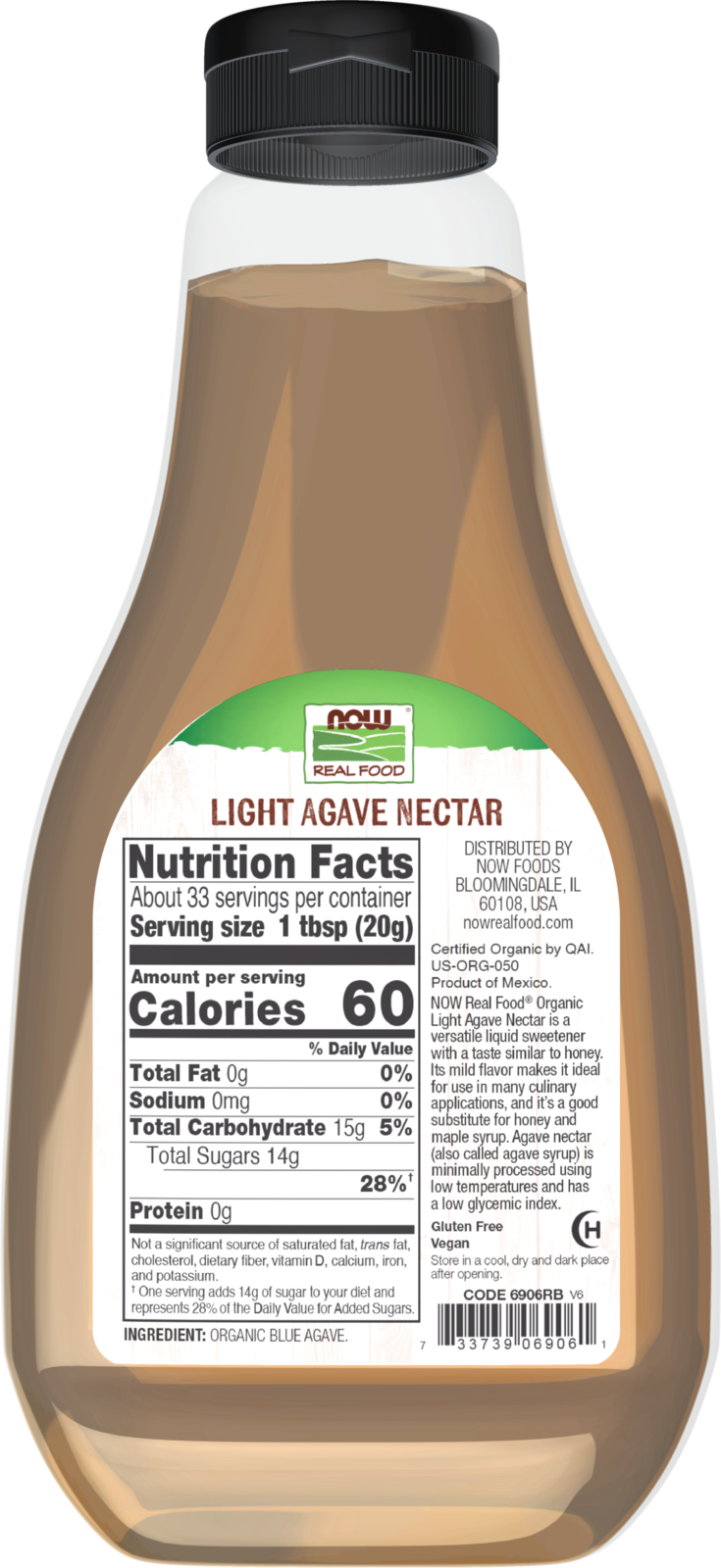 NOW Foods, Certified Organic Light Agave Nectar, Blue Agave, 23.28 fl. oz