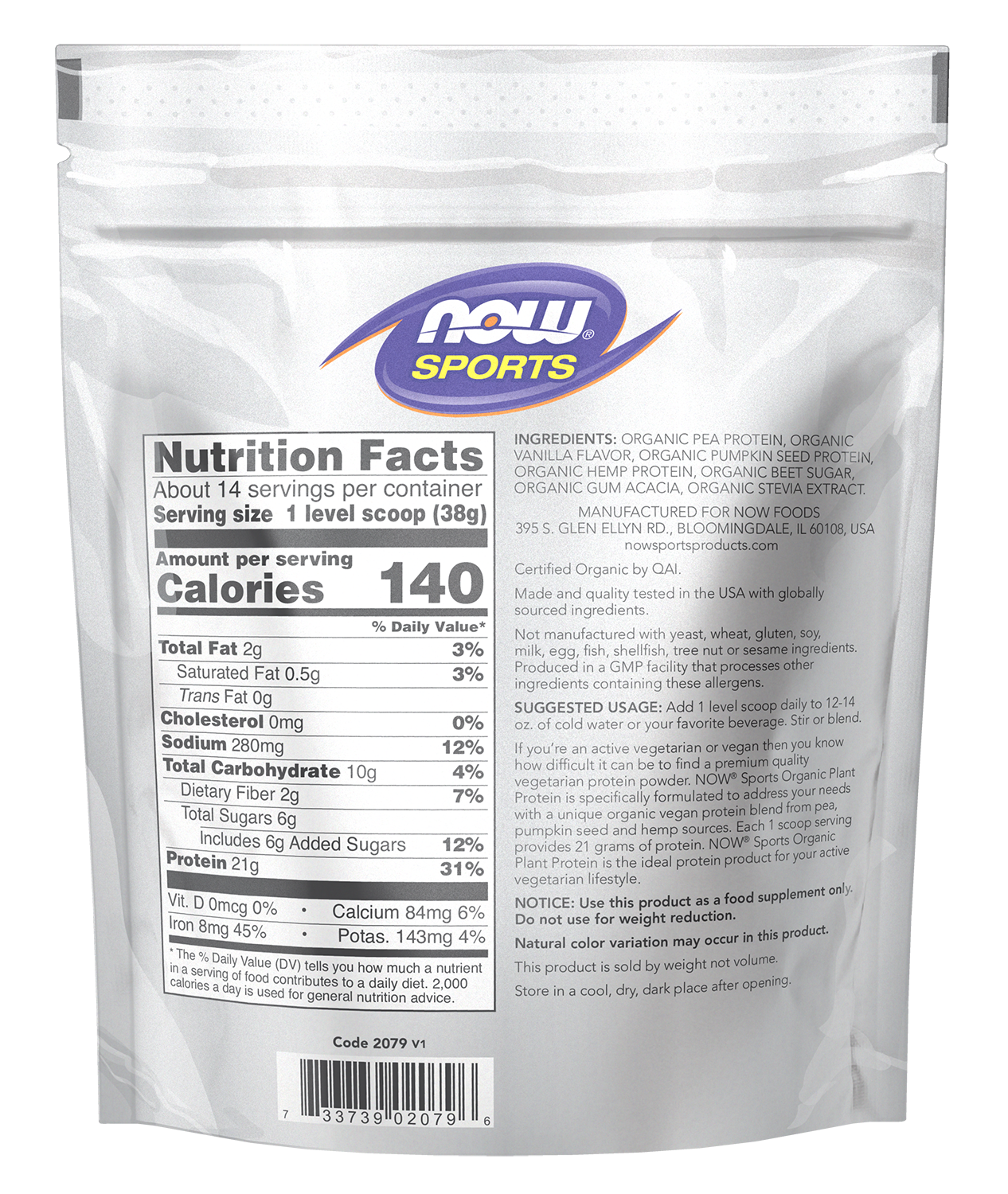 NOW Sports Organic Plant Protein 21 g, Vanilla, Vegan Powder, 1.2 lbs