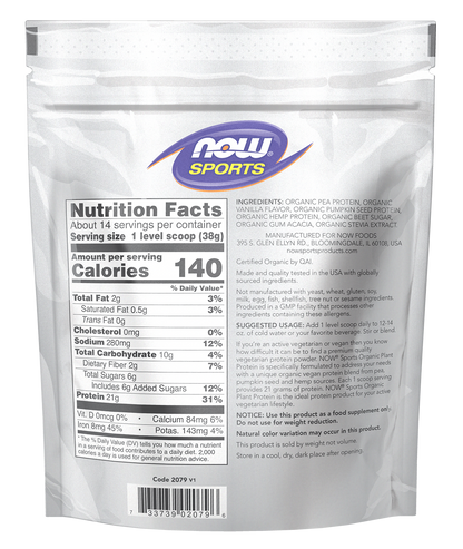 NOW Sports Organic Plant Protein 21 g, Vanilla, Vegan Powder, 1.2 lbs
