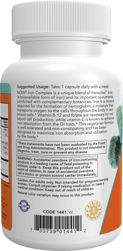 NOW Supplements, Iron Complex Caps, Non-Constipating*, 100 Veg Caps