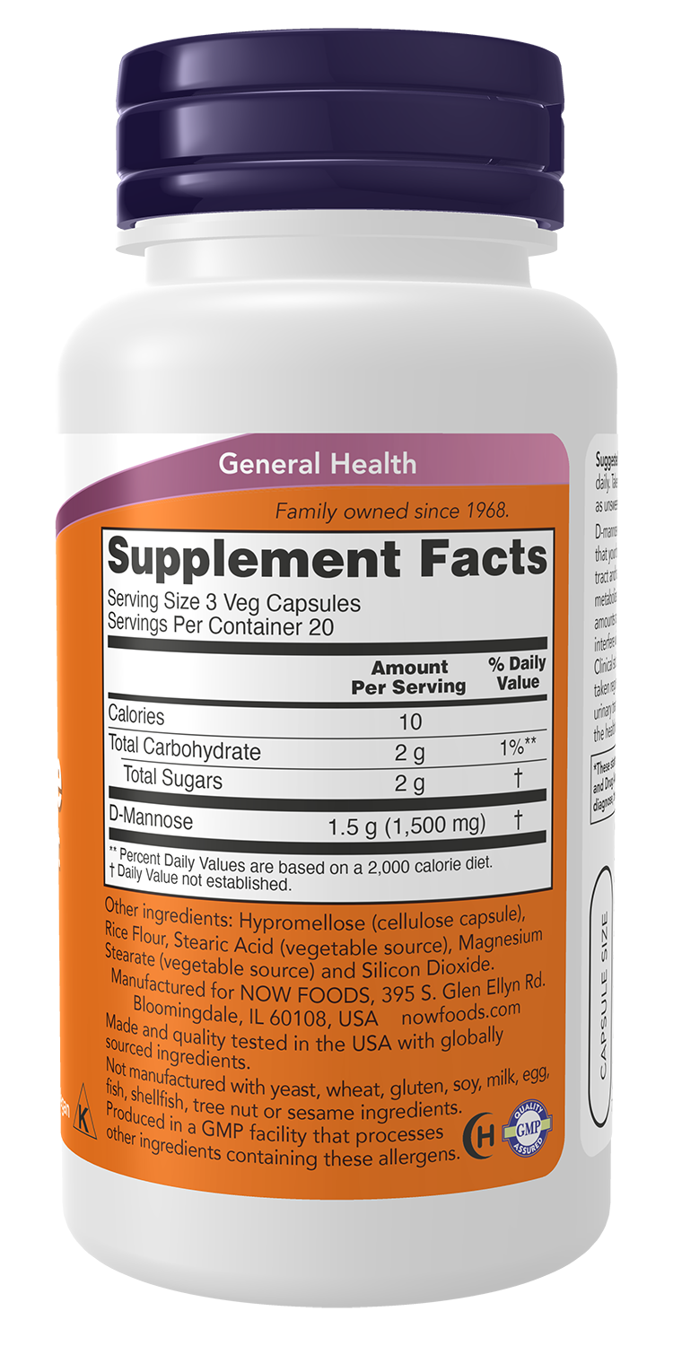 NOW Supplements, D-Mannose 500 mg, Healthy Urinary Tract*, 60 Veg Caps