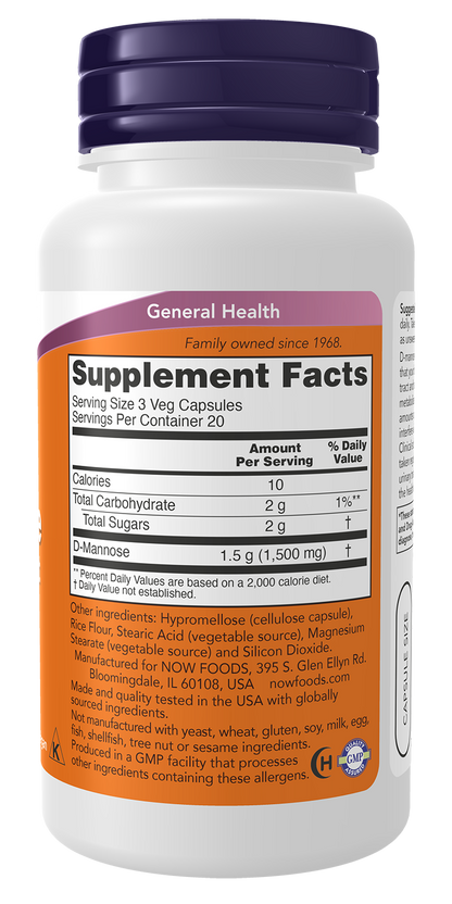 NOW Supplements, D-Mannose 500 mg, Healthy Urinary Tract*, 60 Veg Caps