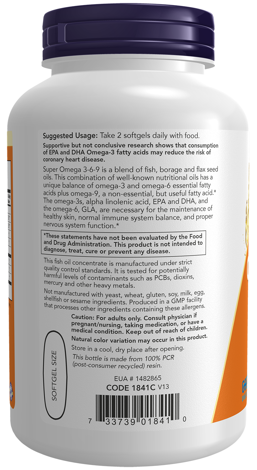 NOW Supplements, Super Omega 3-6-9 Oil Fish, Borage and Flax, 180 Softgels