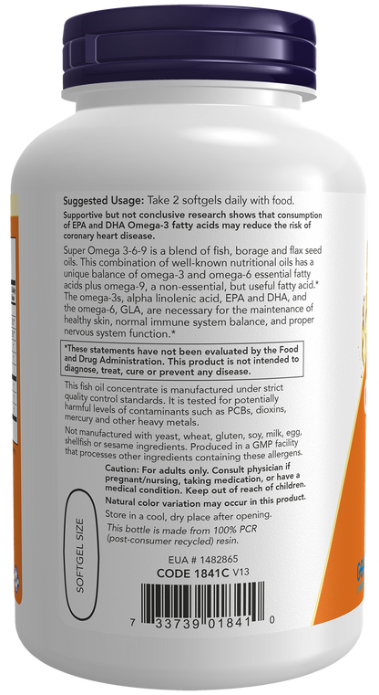 NOW Supplements, Super Omega 3-6-9 Oil Fish, Borage and Flax, 180 Softgels