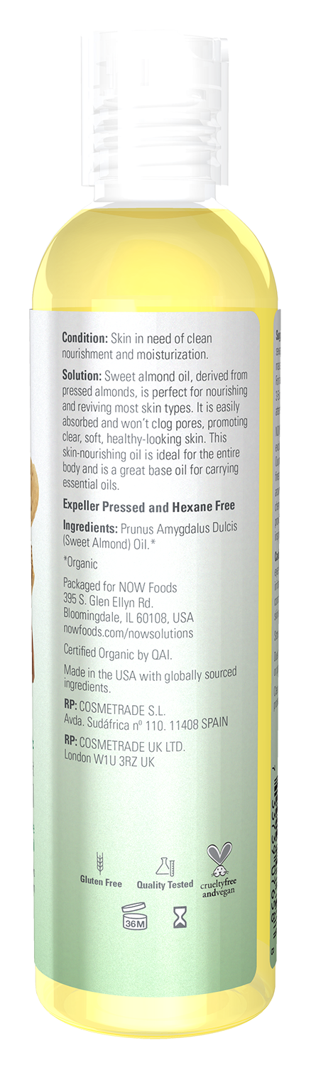 NOW Solutions, Organic Sweet Almond Oil, Moisturizing, Unscented, 8 fl. oz