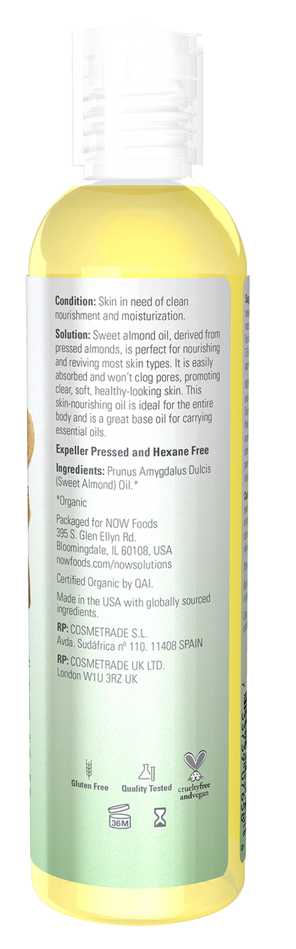 NOW Solutions, Organic Sweet Almond Oil, Moisturizing, Unscented, 8 fl. oz