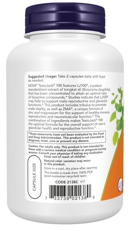 NOW Supplements, TestoJack™ 100 with LJ100®, Tongkat Ali, 120 Veg Caps