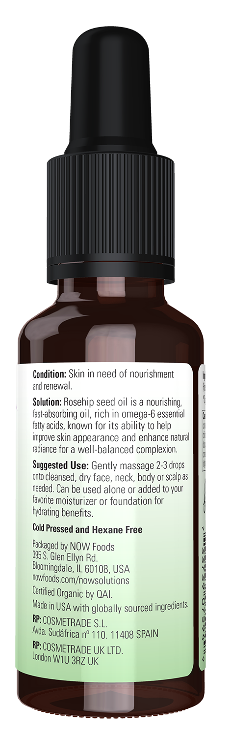 NOW Solutions, Organic Rose Hip Seed Oil, Expeller Pressed, 1 fl. oz
