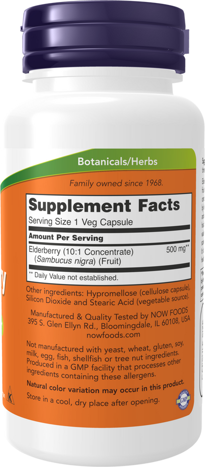 NOW Supplements, Elderberry (Sambucus nigra) 500 mg, 60 Veg Caps
