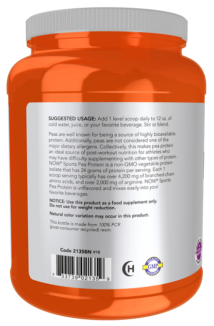 NOW Sports, Pea Protein 24 g, Mixes Easily, Unflavored Powder, 2 lbs