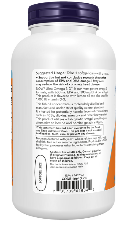 NOW Supplements, Ultra Omega 3-D™, Omega-3 Fish Oil, 180 Softgels