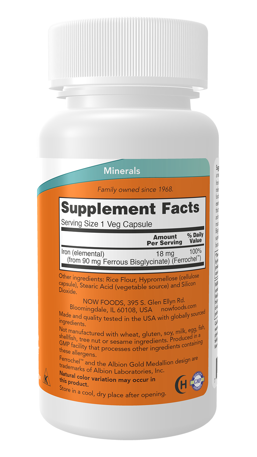 NOW Supplements, Iron 18 mg, Non-Constipating*, 120 Veg Caps