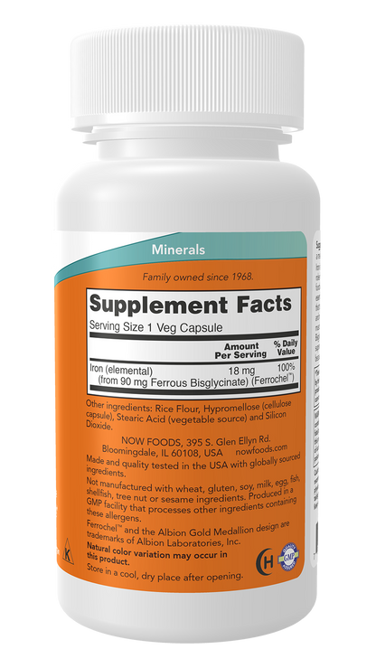 NOW Supplements, Iron 18 mg, Non-Constipating*, 120 Veg Caps