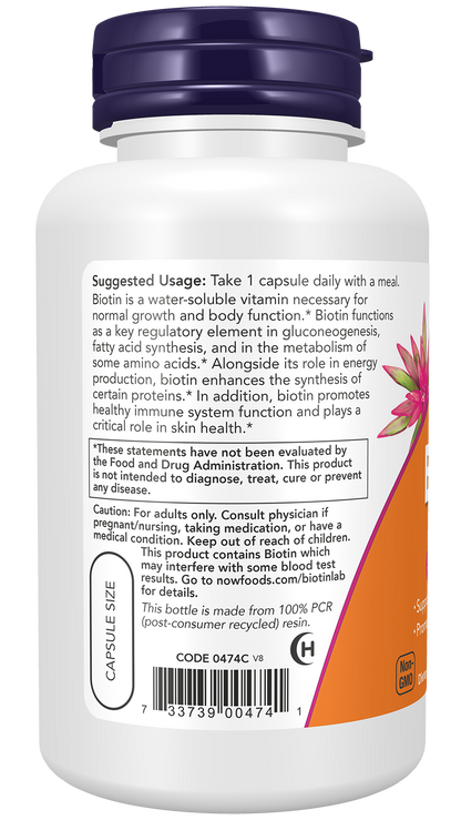 NOW Supplements, Biotin 5,000 mcg, Amino Acid Metabolism*, 120 Veg Caps