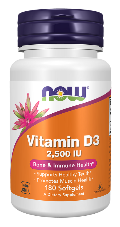 Now Supplements, Vitamin D3, 2,500 IU, Bone & Immune Health*, 180 Softgels