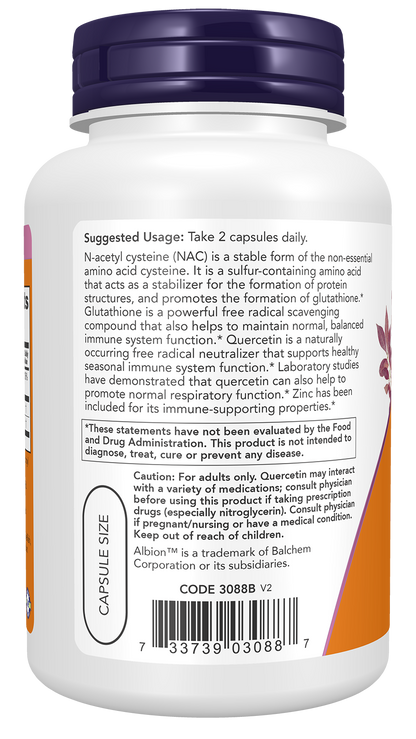 NOW Supplements, NAC Quercetin and Zinc, Respiratory Support*, 90 Veg Caps