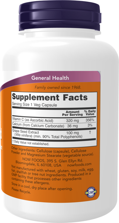 NOW Supplements, Grape Seed 100 mg, with Vitamin C, 200 Veg Caps