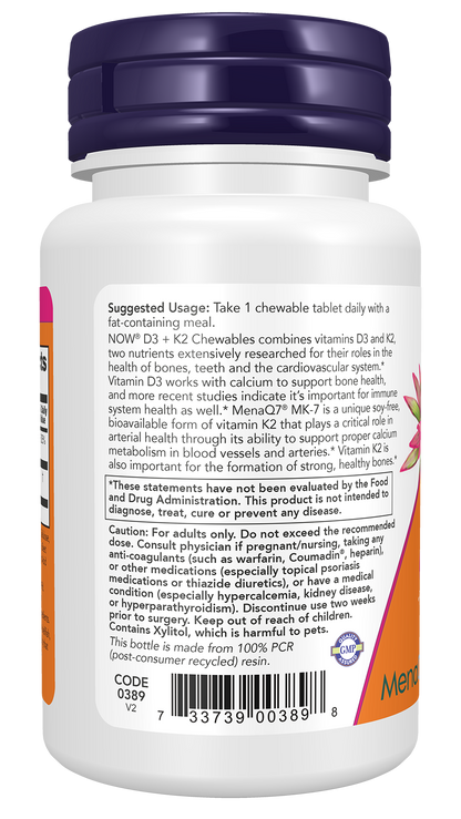 NOW Supplements, D-3 & K-2 Chewables, 90 Chewables Tablets