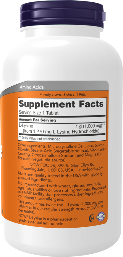 NOW Supplements, L-Lysine 1,000 mg, Double Strength, Amino Acid, 250 Tabs